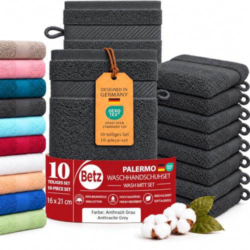 Betz Waschhandschuhe Palermo 10 Stück 16x21 cm – 100% Baumwolle 360g/m² – Weiche Frottee Waschlappen – Pflegeleicht & saugstark – Farbe anthrazit