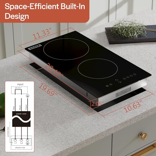 Image of Empava 2 Burner Electric infrared Cooktop, 3000W Built in Electrical Stove Top for Kitchen, 208~240V Hard Wired, No Plug, ETL Certified, Black