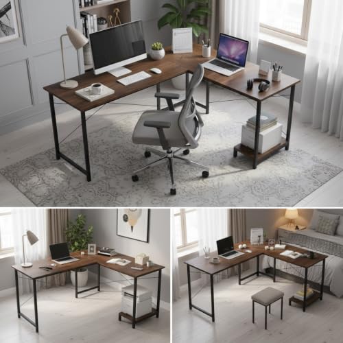 Image of RIZIK Store L-Shaped Computer Desk | 50-Inch Corner Gaming & Study Table with Engineered Wood Top, Metal Frame & CPU Shelf | Writing Workstation for Bedroom, Office & Small Rooms (Brown)