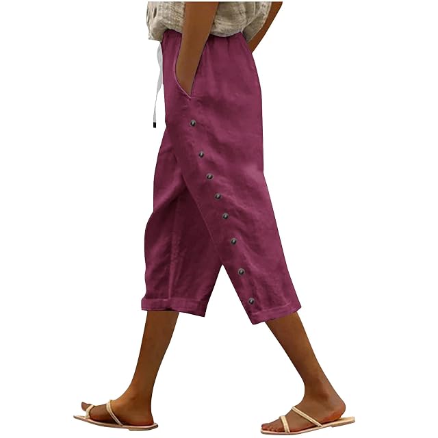 Capri Pants for Women Casual Striped Linen Pants Loose Fit Drawstring Trousers High Waist Cropped Trousers