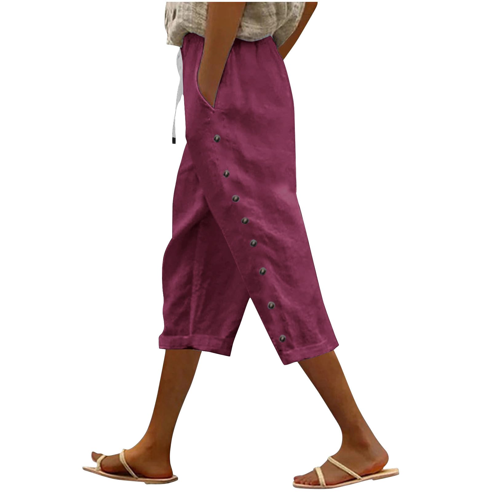 Capri Pants for Women Casual Striped Linen Pants Loose Fit Drawstring Trousers High Waist Cropped Trousers