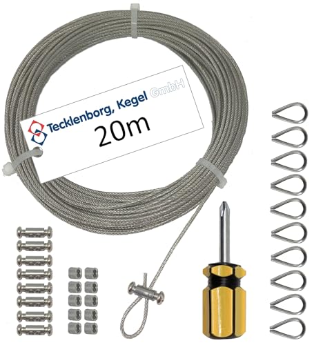 Edelstahlseilset - 20m, 7x7-1,5mm Ø Niro Drahtseil mit PVC auf...