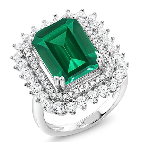 Gem Stone King 5-10 Cttw Emerald Cut Halo Ring For Women | 925 Sterling Silver | Gemstone Birthstone | Emerald Cut 14X10MM | Wedding Anniversary Promise Statement Ring | Available In Size 5-9