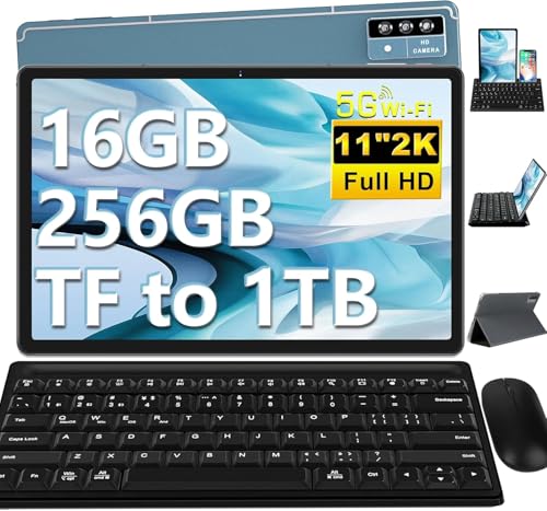 Tablet 11 Pollici Android Tablets, 16GB+256GB(TF 2TB), 8600mAh, 2K FHD Schermo 2000 * 1200, Octa-Core, 4 Altoparlantis, 5MP+13MP+2MP, 2.4G+5G WiFi, BT 5.0, GPS, Tablet con Tastiera+Mouse - Blu