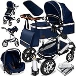 KESSER® Loops 3 in 1 Kinderwagen Kombikinderwagen komplettset incl. Babywanne & Buggy Sportsitz & Auto-Babyschale - Voll-Gummireifen - Wickeltasche/Regenschutz/Kindertisch Set, Blau/Silber