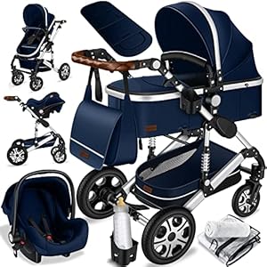 KESSER® Loops 3 in 1 Kinderwagen Kombikinderwagen komplettset incl. Babywanne & Buggy Sportsitz & Auto-Babyschale - Voll-Gummireifen - Wickeltasche/Regenschutz/Kindertisch Set, Blau/Silber