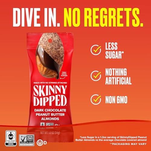 Image of SkinnyDipped Dark Chocolate Peanut Butter Almonds, 1.2oz Bags | 15 Pack | Crunchy Whole Almonds Thinly Dipped in Chocolate | Gluten Free | Plant Protein Snack Packs