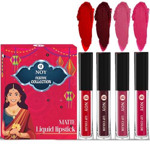 Image of Noy Liquid Matte Festival Lipstick Set Pack of 4 Red, Coffee Wine, Pruple, Magenta Shades