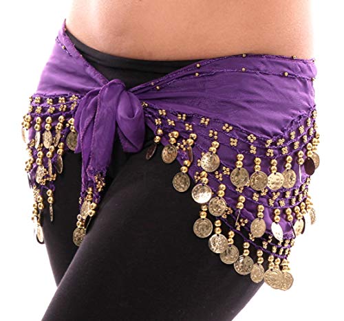 Vritraz Women's Chiffon Belly Dance Hip Scarf Waistband Belt Skirt with128 Ringy Golden Coins 128 All, Purple