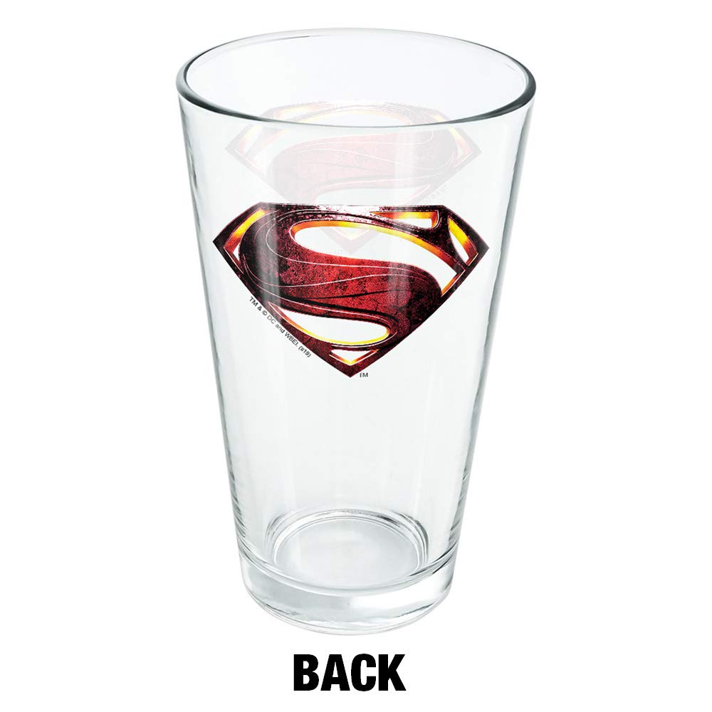 LOGOVISION Justice League Movie Superman Logo 16 oz Pint Glass, Tempered Glass, Licensed Printed Design & A Perfect Fan Gift | Great for Cold Beverages, Soda, Water