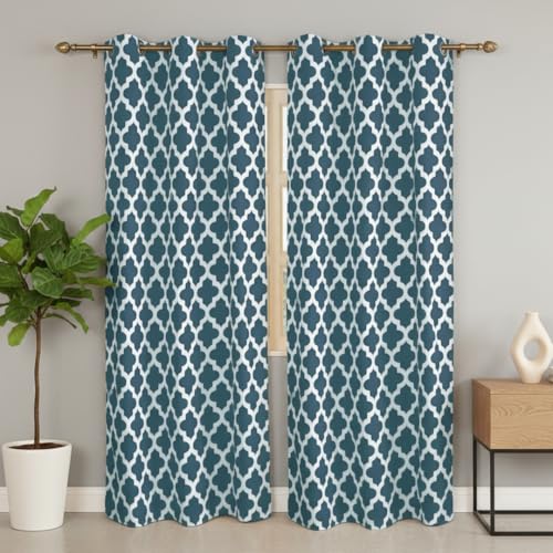 Image of HOMEMONDE Door Curtains Set Of 2 - Cotton Quatrefoil Curtain 7 Feet Long, Hand Block Print Hangs With Eyelets, (Blue - 84 Inches)(Eyelet)