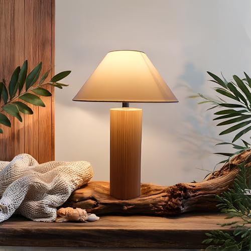 Modern Wooden Table Lamp – 13" Natural Wood Base with 14" Linen S...