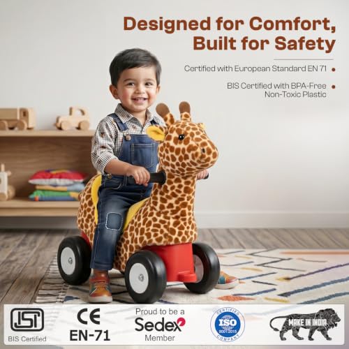 Image of Toyzone Little Soft Giraffe Ride on | Cloth-Covered Ride On Toy with Wheels | Back Support | Indoor & Outdoor Ride-On for Toddlers 1-4 Years