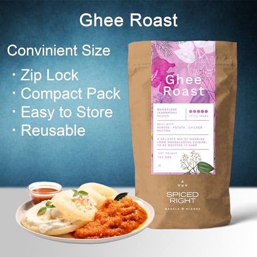Image of Spiced Right Mangalore Ghee Roast Masala 200gm - Authentic Mangalorean Curry Spice Masala Blend with Garlic for Chicken, Prawn, Mutton, and Veg Dishes - No Artificial Colouring or Flavouring.