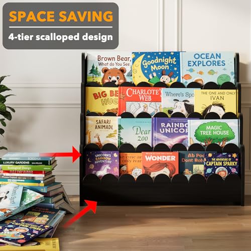 Image of SpaceAid 4-Tier Scalloped Bookshelf, Montessori Bookcase for Toddlers, Wooden Book Shelf Organizer Display Furniture for Kids Rooms, Playroom, Nursery and Classroom, 29.6 inch Wide, Black