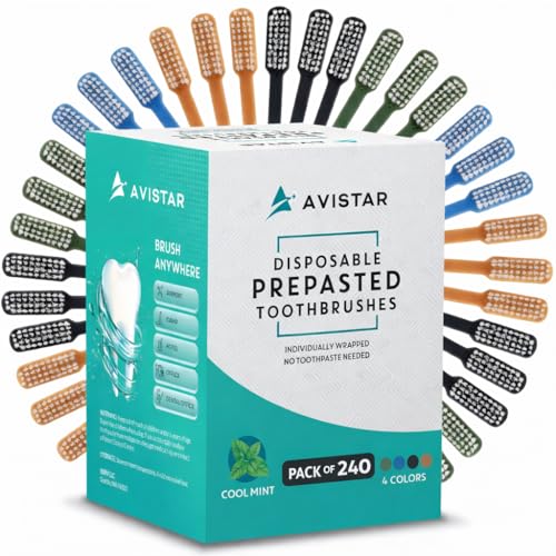 Image of Avistar 240 Prepasted Disposable Toothbrushes Individually Wrapped - Single Use Pre Pasted Disposable Toothbrushes with Toothpaste Built in - Waterless Toothbrush for Travel, Guests, Hotel, & Camping