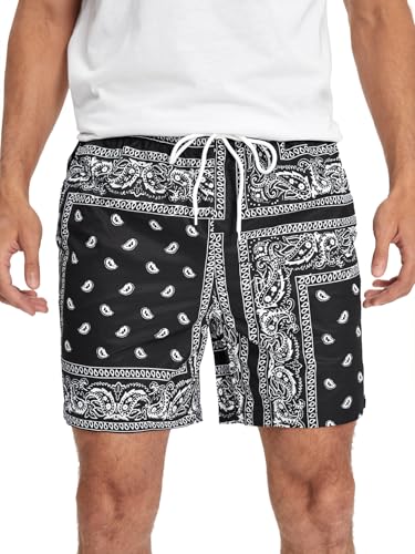 Floerns Men's Boho Paisley Graphic Print Drawstring Waist Essentials Summer Bandana Shorts with Pocket Black & White Paisley Small