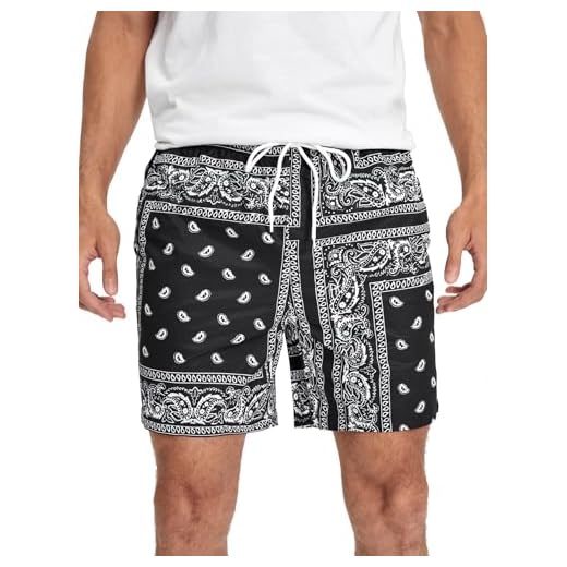 Floerns Men's Boho Tribal Print Drawstring Waist Summer Shorts with Pocket Black White Multi S