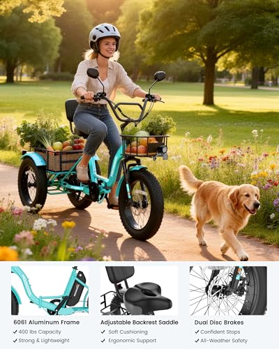 Image of MOONCOOL Electric Tricycle for Adults, 20 inch x 4 inch Fat Tire Electric Trike, 48V 500W 3 Wheel Electric Bike, 7 Speed E Trikes for Adults with Removable Battery, Aluminum Frame & Large Basket