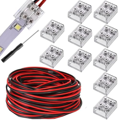 RUNCCI-YUN 10Pièces connecteur ruban led 2 broches 8mm,avec câble 22AWG/5M bornier à vis connecteur 2 broches 8 mm avec tournevis pour éclairage de bande LED 5-24 V （transparent）