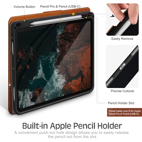 Image of KingBlanc Case for iPad Pro 11-inch (M5 2025 /M4 2024) with Pencil Holder, Vintage Notebook-Style Vegan Leather Cover, Multi-Angle Stand for Viewing & Typing, Magnetic Closure, Auto Sleep /Wake, Brown