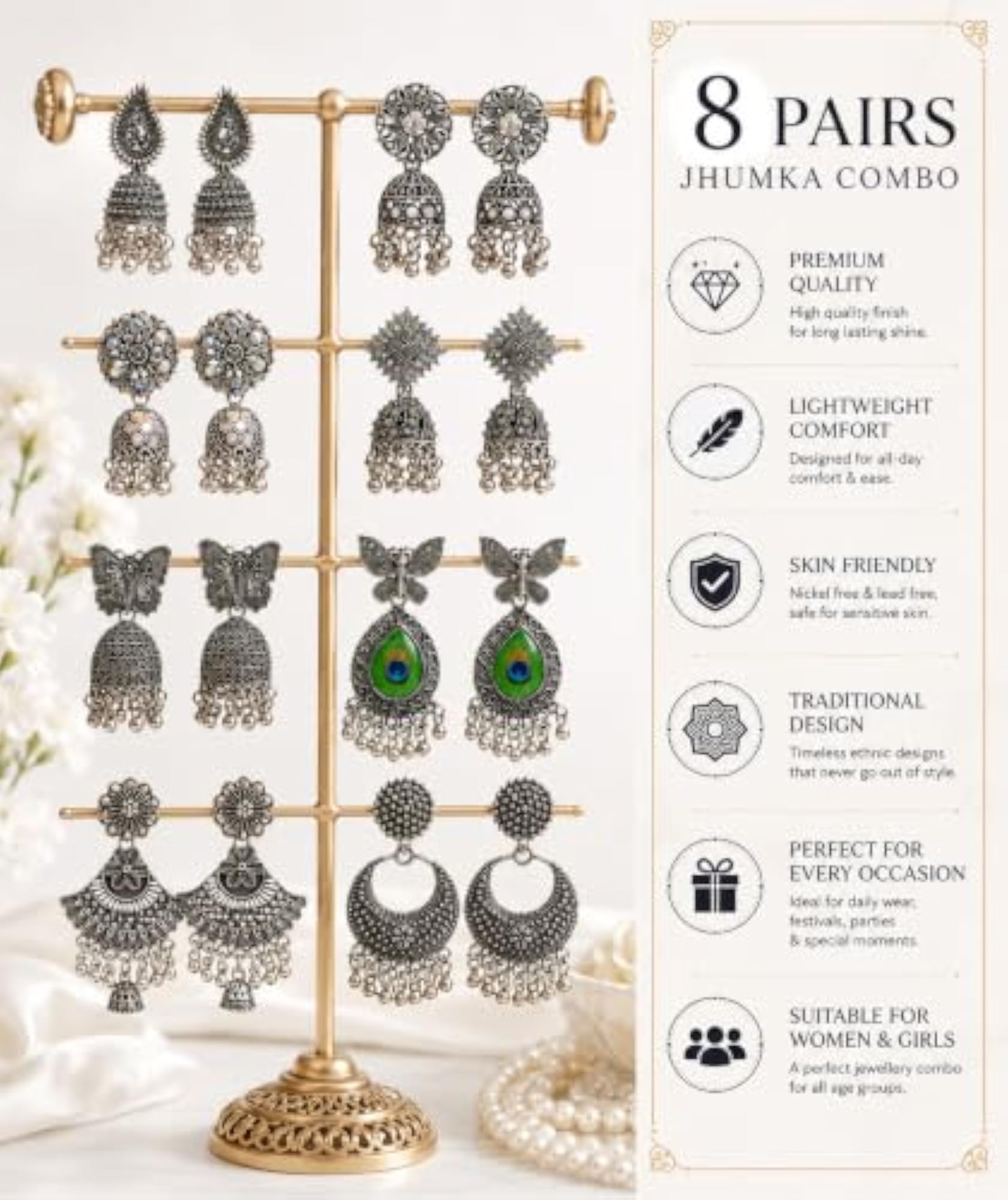 Oxidised Silver Jhumka Earrings Combo Set