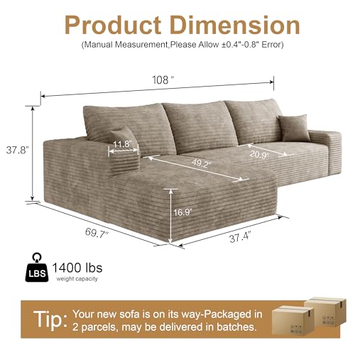 Image of 96 inch Sectional Couches for Living Room Cloud Couch Sofa with L-Shape Upholstered Boneless Couchs Modern Modular Sectional Couch with Chaise
