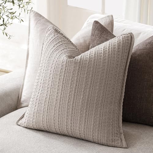 Image of Foindtower Set of 2 Decorative Cotton Waffle Weave Throw Pillow Covers Euro Shams Cushion Covers Accent European Pillowcase for Bed Couch Sofa Bedroom Living Room Home Decor 20x20 Inch Tan Beige