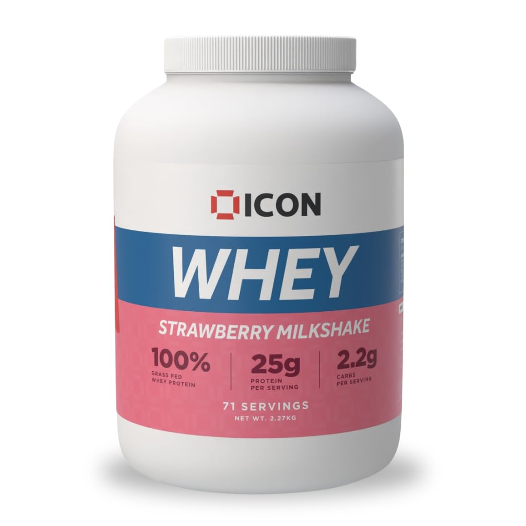 ICON Nutrition Whey Protein Powder — Strawberry Milkshake — High Protein, Grass Fed, Low Carbs & Fat, Complete Amino Acid Profile, Cold Shakes or Mix with Foods — 2.27kg, 71 Servings