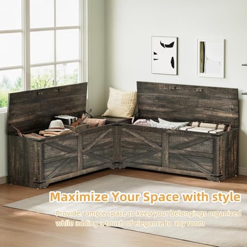 DWVO L-Shaped Storage Bench, 18" High Corner Dining Bench with Storage, Wooden Nook Storage Chest for Living Room, Bedroom