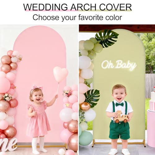 Image of Arch Backdrop Cover Set of 2(6ft /7.2ft) Double Color Wedding Arch Cover Spandex Fitted Arch Covers,Round Top Arch Backdrop Cover for Baby Shower Gender Reveal Boy or Girl Decoration(Pink&Green)