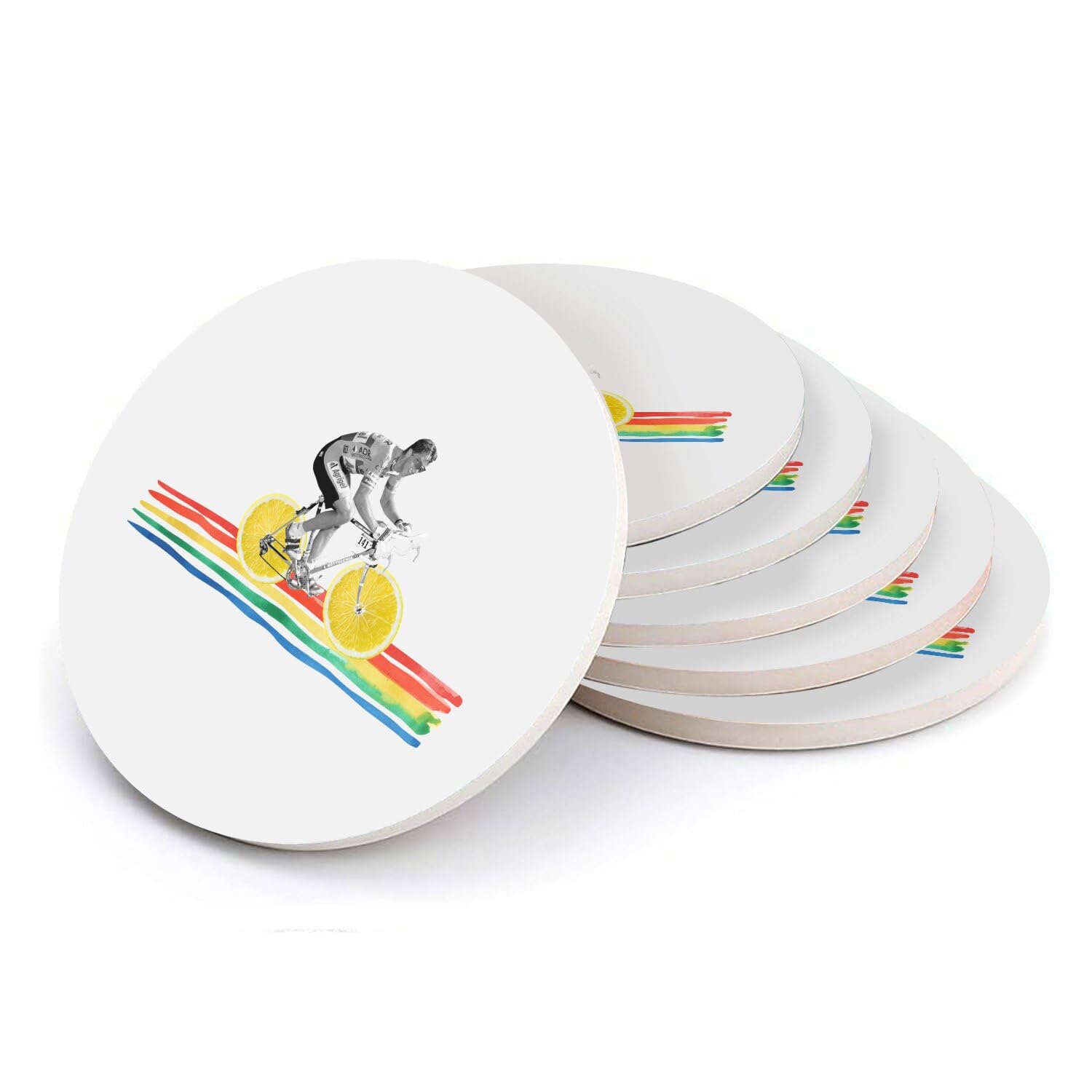 Sous-verre céramique cycliste arc-en-ciel déco vélo surréaliste dessous de table rond 108mm