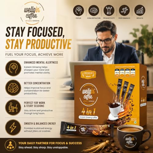 Image of Wellgin Premium Instant Ginseng Coffee | Korean Ginseng Infused Coffee for Energy, Focus & Stamina | Vegan, Organic, Gluten Free, GMO Free | No Added Preservatives | FSSAI Certified | Pack of 10 Sachets