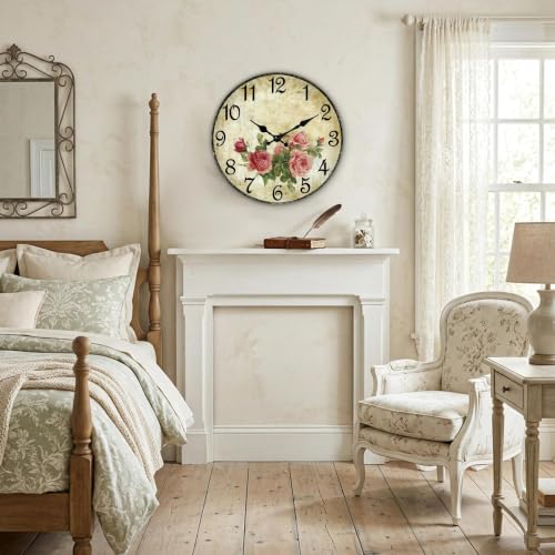 Image of CHYLIN Wall Clock Pink Rose Silent Battery Operated Kitchen Home Decor