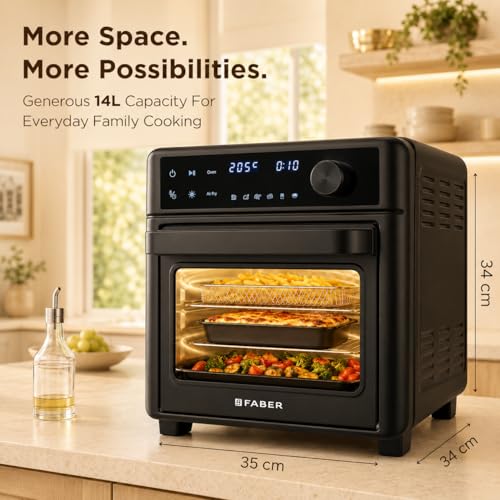 Image of Faber Air Fryer Oven 14L 1400W|View Window| Digital control|Convection Function|Bake Tray, Tray Handle & Crumb Tray|Dishwasher safe removable parts|12 Presets|Roast,Fry,Toast,Defrost|FAO FryMax 14D BK
