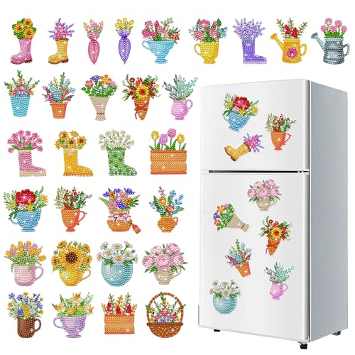 Akavdou 30 Pcs Diamond Art Magnets Kits Summer Diamond Painting Magnets Fridge Stickers Floral Rhinestone Diamond Art kit for Adults Beginners Refrigerator Magnetic Sticker DIY Art Craft Gifts