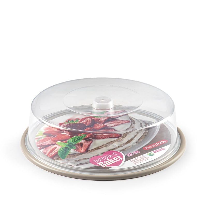 CABLEPELADO Portatartas, Recipiente Redondo para Tartas con Tapa Alta, Bandeja Pasteles, Tartera plástico, Recipiente Transporte Comida, 9 cm Altura x 32 cm diámetro, Plástico, Beige