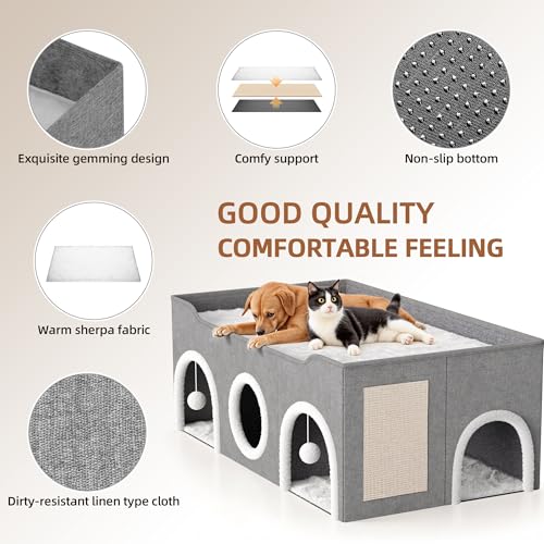 All-in-1 Extra-Wide Cat House for Indoor, Multi Cats Puppy Family, Large Cat Cave for Pet House with Fluffy Ball Hanging and Scratch Pad, Foldable Dog Hideaway, 35.4x19.6x13.3 inches, Grey - Image 4