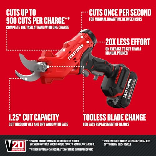 CRAFTSMAN V20 Cordless Electric Pruner, Pruning Shears for Gardening, 2 Ah Battery and Charger Included, Electric Pruning Shears, Tree Pruner (CMCPR320C1) - image 3