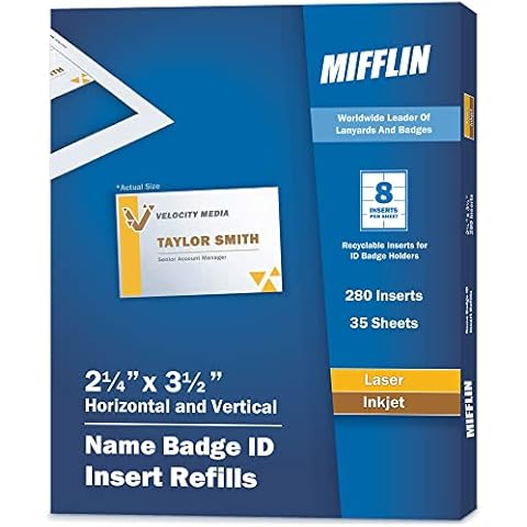 Mifflin-USA Name Badge Inserts, 2.25x3.5" or 3.5x2.25" Badge Inserts (280 Cardstock Refills, 35 Sheets), Compatible with Inkjet, Laser Printer, and Printable Badge Inserts Cover