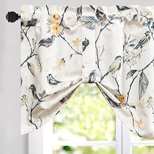 VOGOL Tie Up Valances for Kitchen Windows, Gray Birds and Floral Print Valance Curtains Rod Pocket Tie Up Shades for Windows, 1 Panel, 52x18