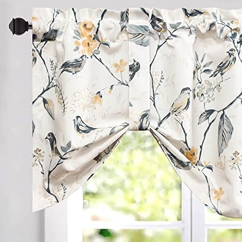 VOGOL Tie Up Valances for Kitchen Windows, Gray Birds and Floral Print Valance Curtains Rod Pocket Shades for Windows, 1 Panel, 52 x 18 Cover