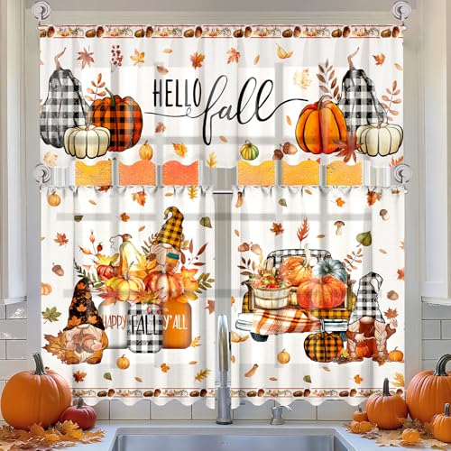 Breling 3 Pcs Fall Thanksgiving Buffalo Plaid Pumpkin Curtains Valances and Tiers Set for Windows Pumpkins Maple Leaf Kitchen Decor Short Curtain Set for Bedroom Treatment Decor Party Favor Supplies