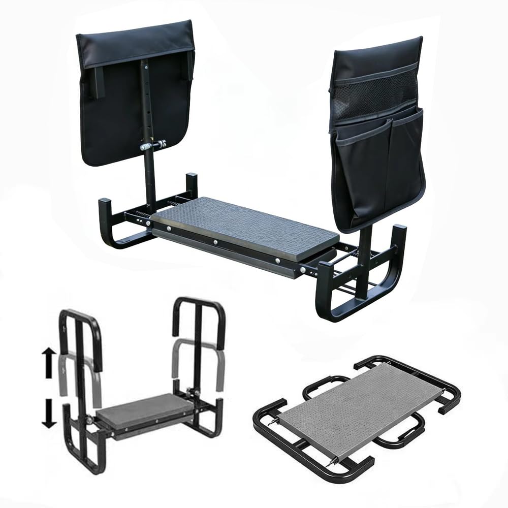 Asiento de Jardín Kneeler 2 en 1 con Bolsa para Herramientas, 60x52x27cm Banco de Jardinería Plegable, Portátil y Plegable Banco de Rodillas, Taburete Reclinatorio de Jardín (Negro)