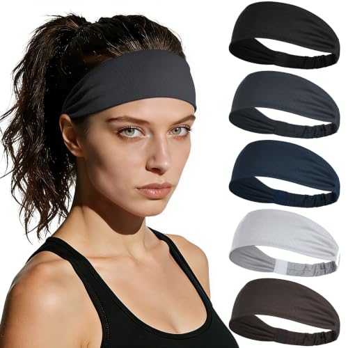 Image of ROCKTAKIN 5 Pack Running Headbands, Moisture Wicking Non-Slip Wide Elastic Sweatbands, Athletic Workout Sports Headbands for Men & Women, Running Cycling Basketball