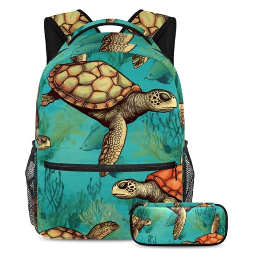 Sac à dos bleu motif tortues sous-marines pour les vacances et l'école