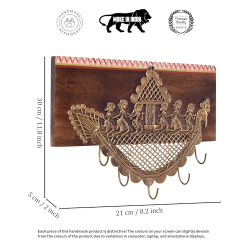 Image of AAKRITI ART CREATIONS Golden Leaf Brass Key Holder, Dhokra Art Teak Wood Wall Hanging Panel Set of 1, Brown Wall Decor Key Holder | Matte Finish Wooden Wall | Decor for Entryway, Living Room, Office