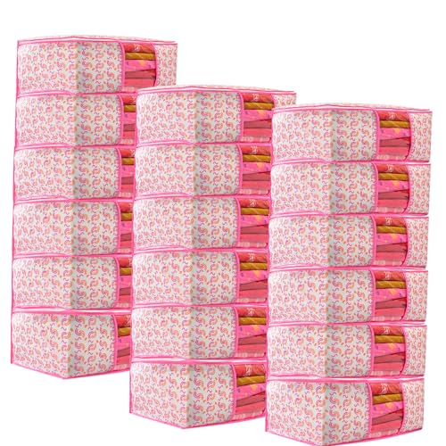 Image of Non-Woven Saree Covers with Zipper & Transparent Window | Clothes Storage Bags for Wardrobe Organization | Dustproof Garment Storage for Sarees, Dresses, and Clothes (Pink, Pack of 18)