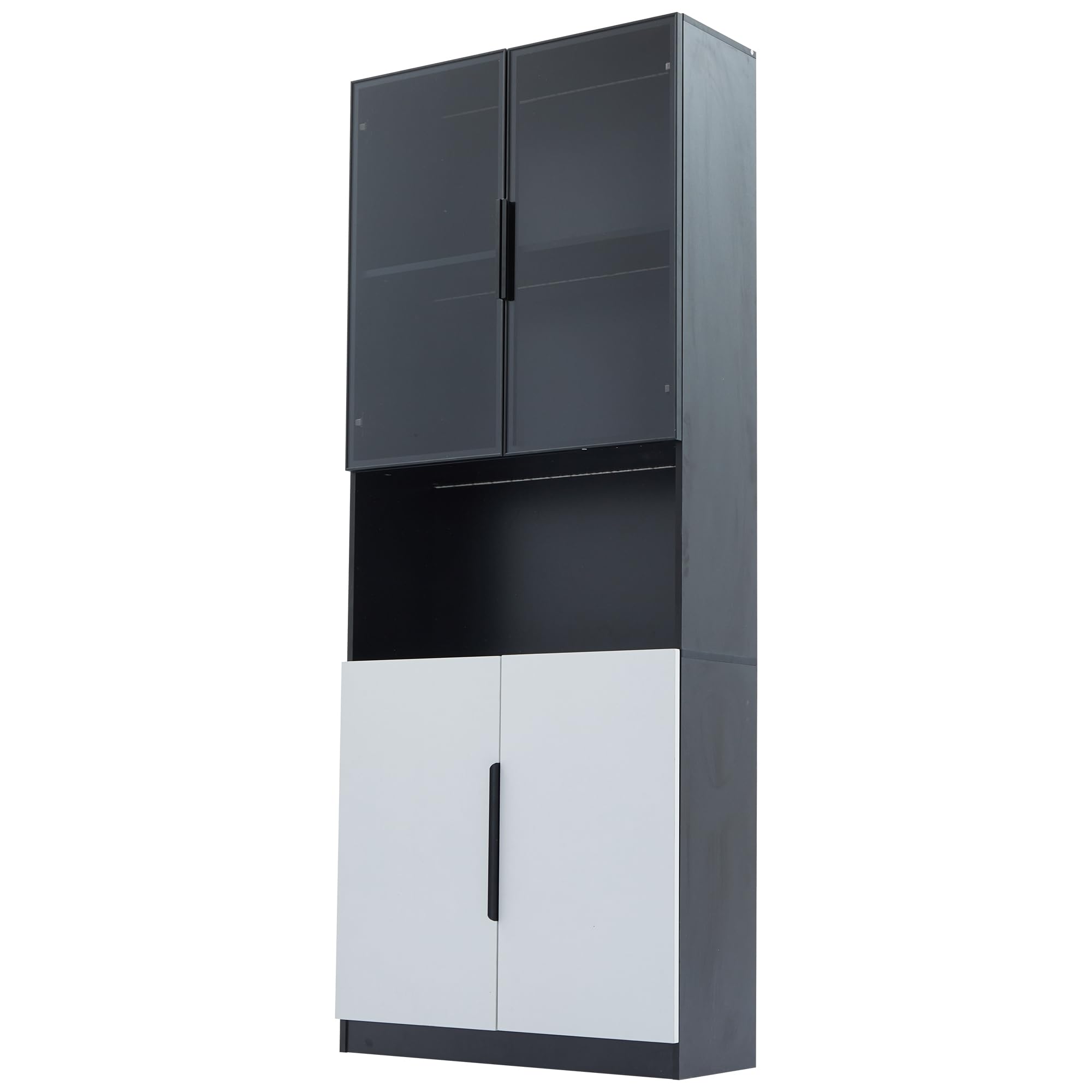 Vitrine mit Glastüren und LED-Licht, Vitrinenschrank Glasvitrine mit 5 Fächer, Highboard Sammlervitrine mit Verstellbare Schotten, Wohnzimmerschrank, Weiß+Schwarz, 80x30x200 cm