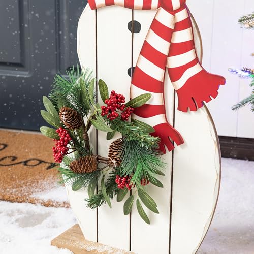 Image of Glitzhome 36 inch H Wood Metal Christmas Snowman Porch Decor with Floral Wreath Standing Snowman Merry Christmas Porch Welcome Sign Holiday Party Outdoor Indoor Xmas Decorations